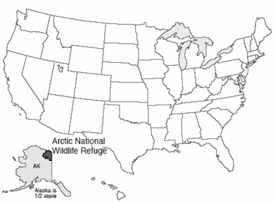Map of the U.S. with Arctic National Wildlife Refuge highlighted in the northeast corner of Alaska.